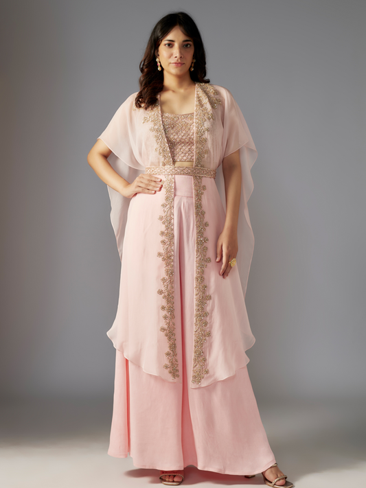 Pink Hand Embroidered Sharara Set with Cape and Belt