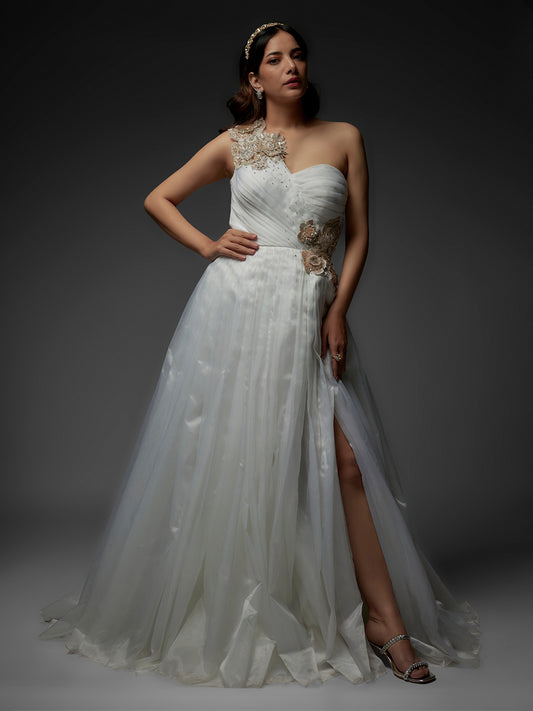 White Net Hand Embroidered Draped Gown with Applique Work