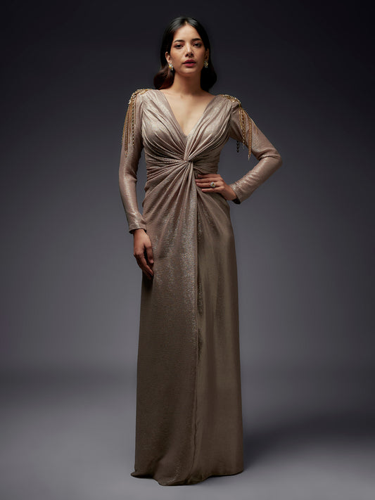 Gold Front Twist Draped Gown