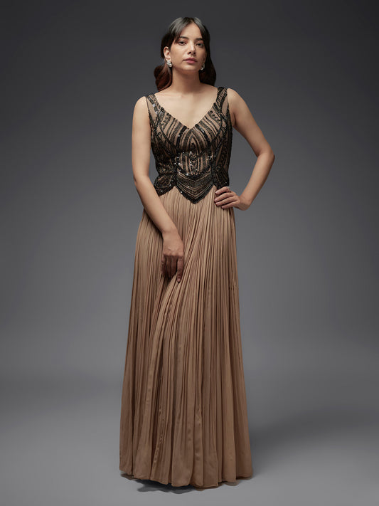 Black and Nude Beaded Georgette Gown