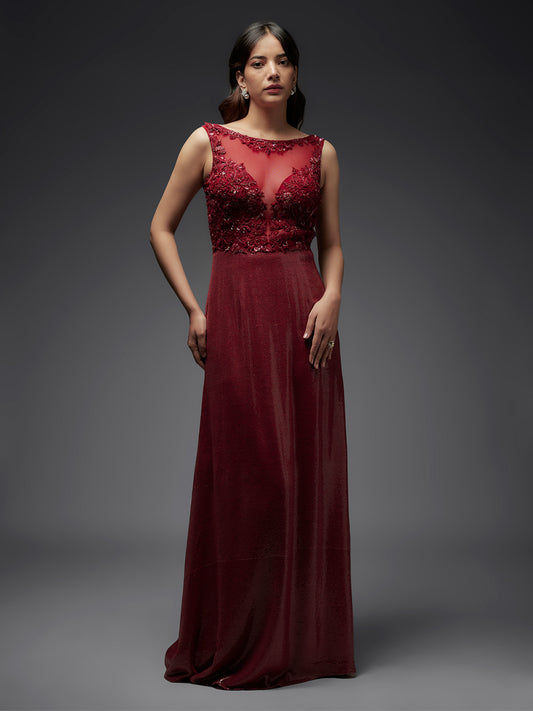 Maroon Hand Embroidered Mesh and Sequin Gown