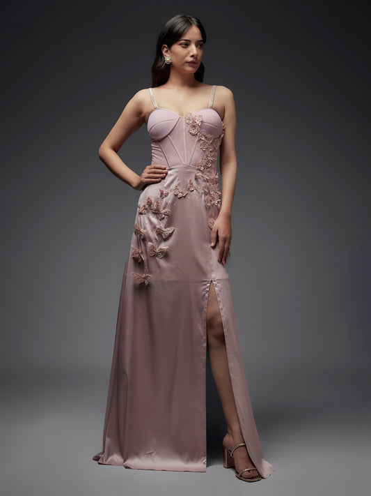 Old Rose Modal Satin Side Slit Embroidered Gown