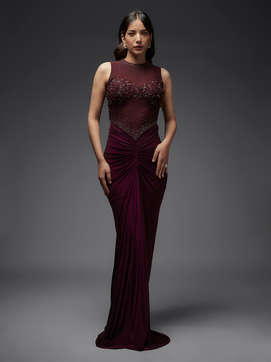 Burgundy Hand Embroidered Mesh and Lycra Draped Gown