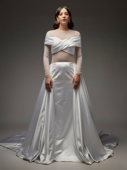 White Satin Hand Embroidered Bridal Gown with Trail