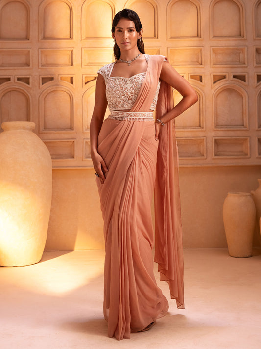 Nude Embroidered Drape Saree Set