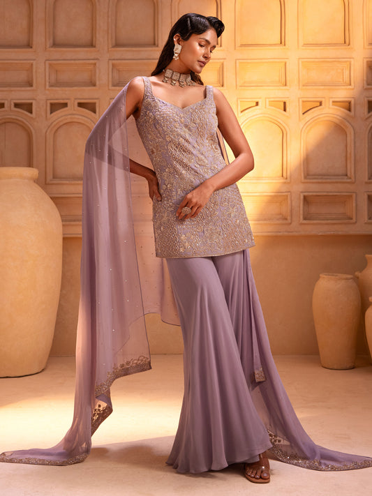 Lilac Embroidred Kurta Sharara Set