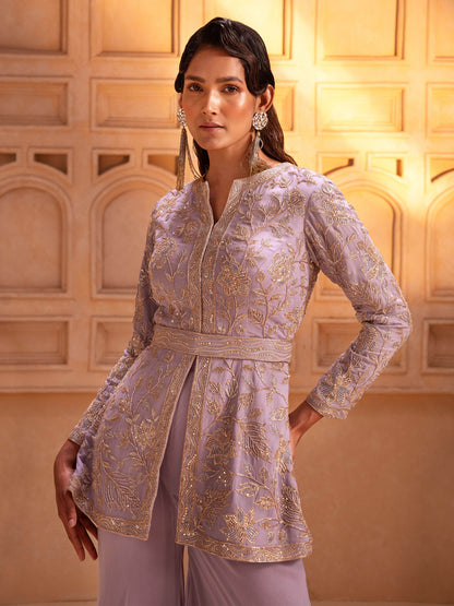 Lilac Embroidered Peplum Jacket Set