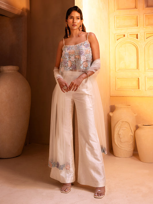 Ivory Embroidered Crop Top With Flared Pants And Stole