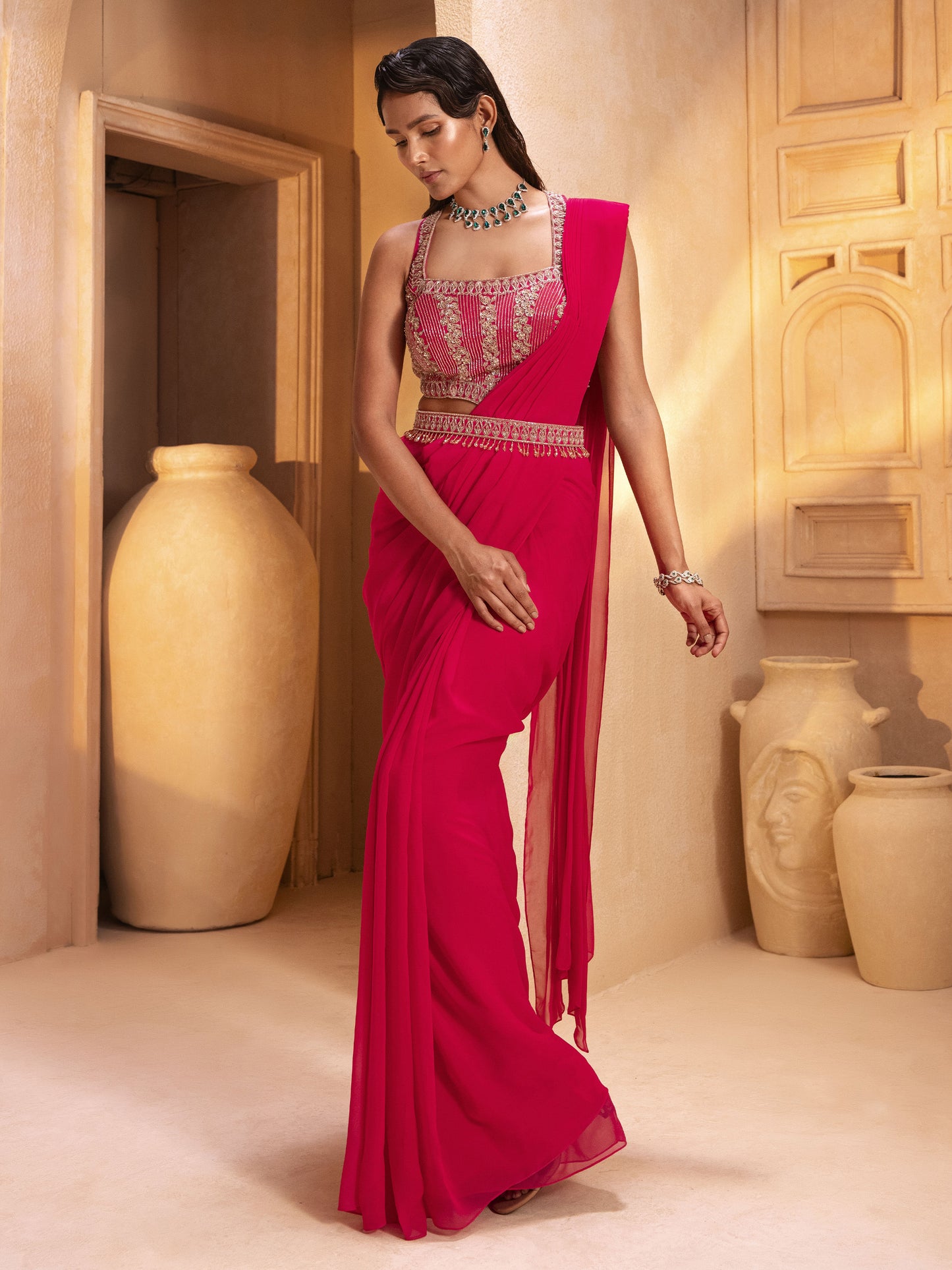 Fuchsia Pink Hand Embroidered Drape Saree Set