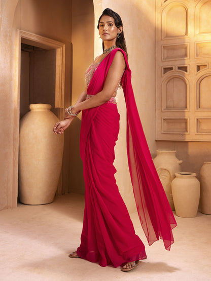 Fuchsia Pink Hand Embroidered Drape Saree Set