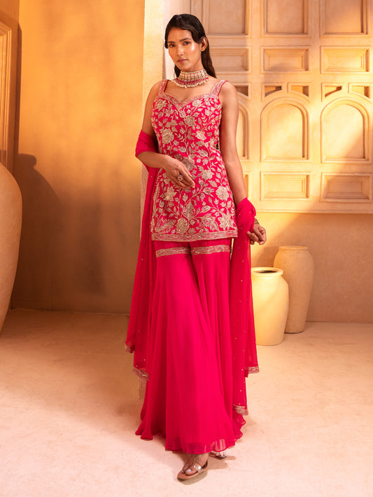 Fuchsia Pink Embroidered Kurti Sharara Set