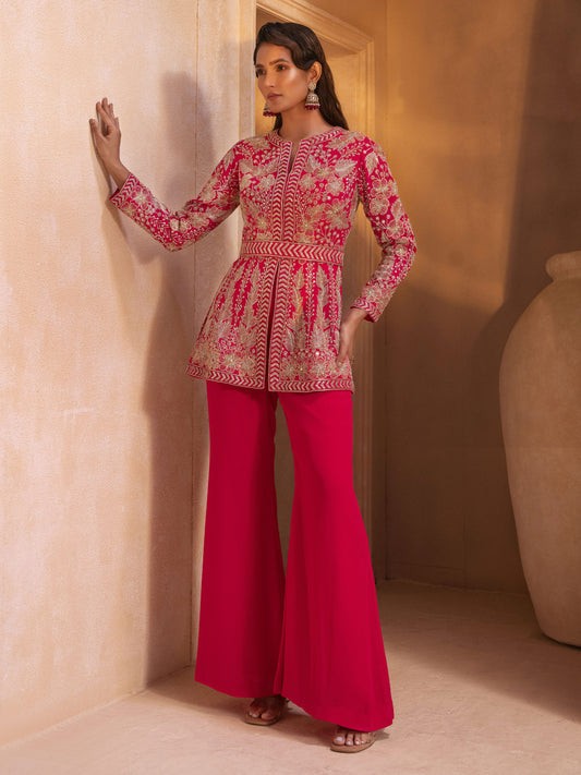 Fuchsia Pink Embroidered Jacket Set