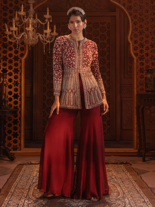 Maroon Embroidered Jacket Sharara Set