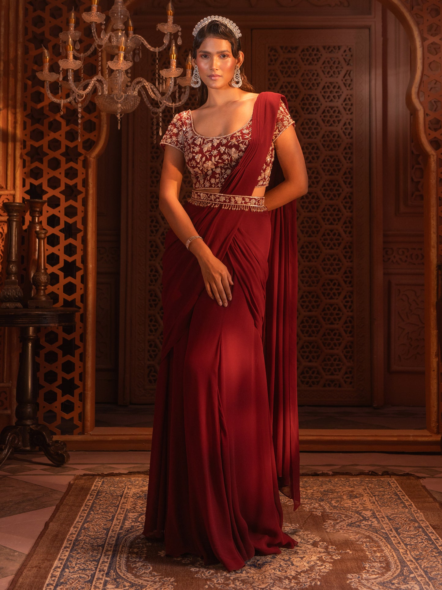 Maroon Hand Embroidered Drape Saree Set