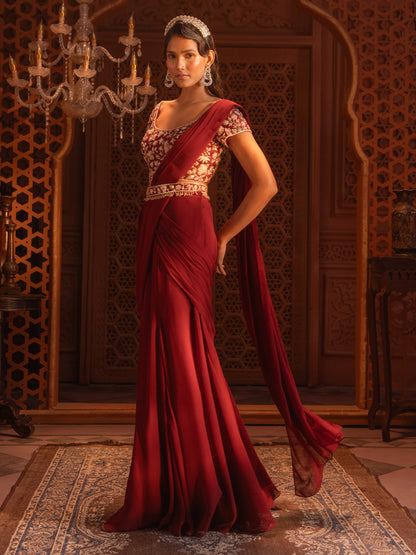 Maroon Hand Embroidered Drape Saree Set