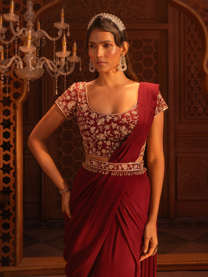 Maroon Hand Embroidered Drape Saree Set