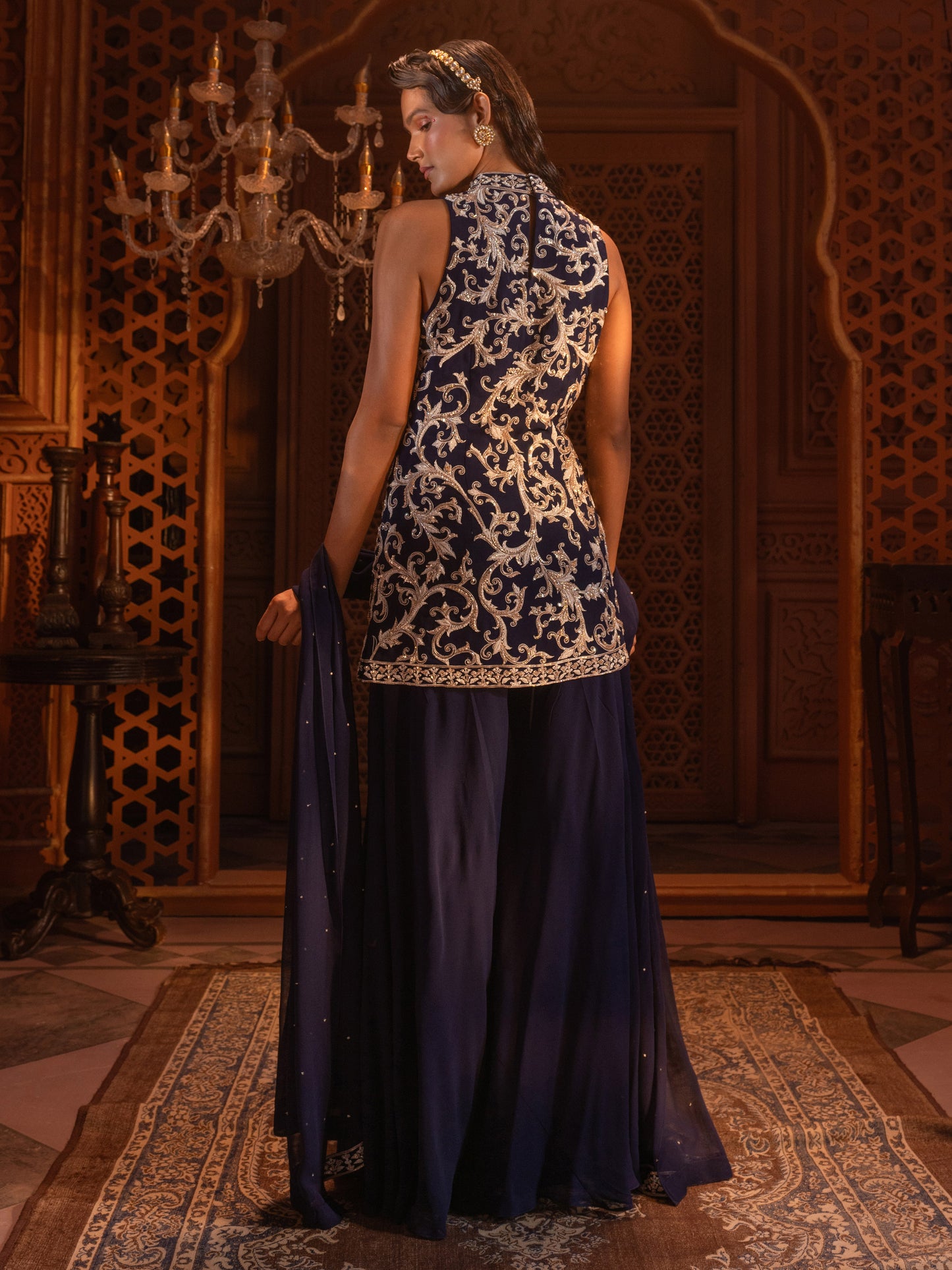 Navy Embroidered Kurti Sharara Set