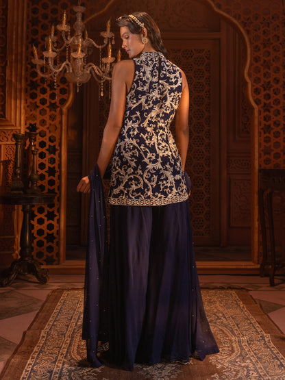 Navy Embroidered Kurti Sharara Set