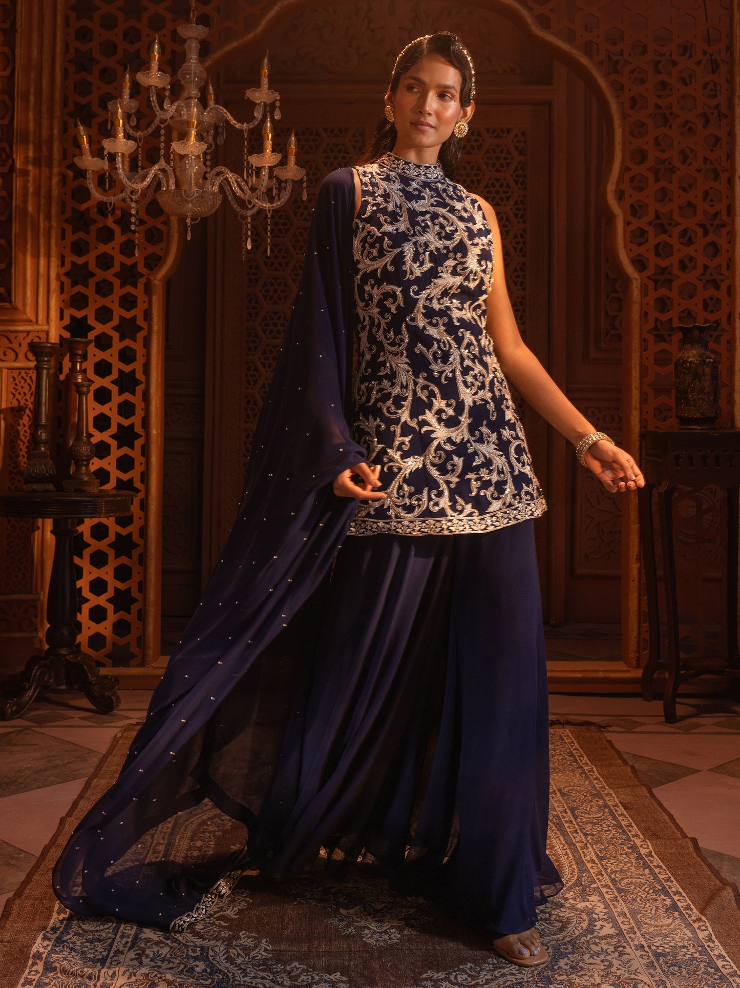 Navy Embroidered Kurti Sharara Set