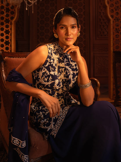 Navy Embroidered Kurti Sharara Set