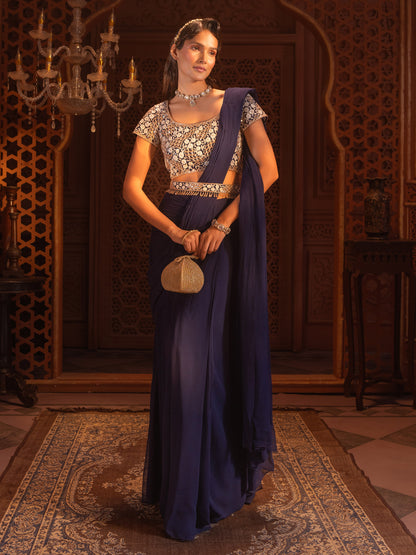 Navy Embroidered Drape Saree Set