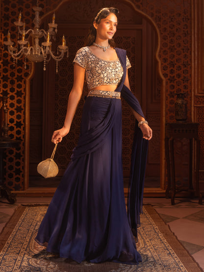 Navy Embroidered Drape Saree Set