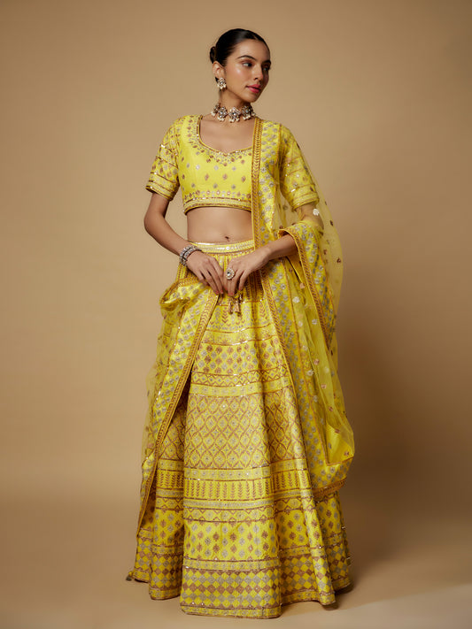 Yellow Rawsilk Aari Work Lehenga Set with Emboidered Dupatta