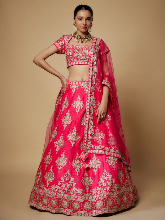 Fuchsia Pink Rawsilk Aari work Lehenga Set with Embroidered Dupatta