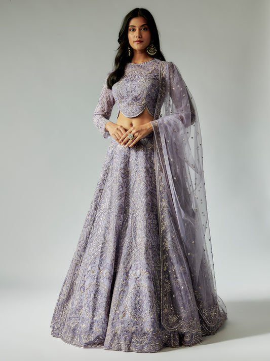 Lilac Net Lehenga Set with Embroidery