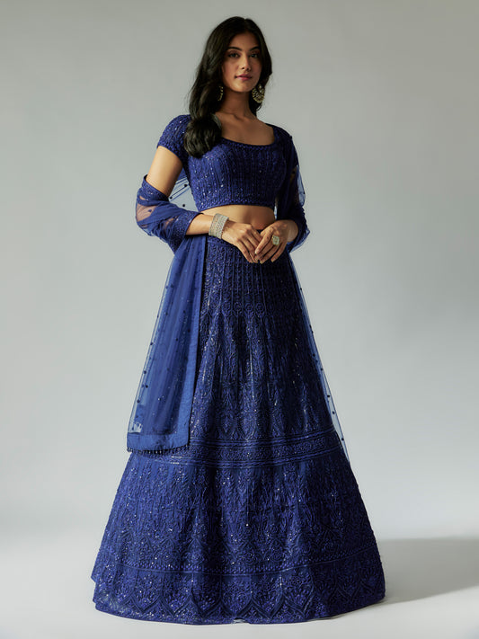 Navy Blue Net Lehenga Set with Embroidery