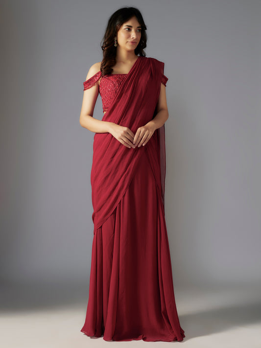 Red Georgette Draped Saree with Embroidered Blouse