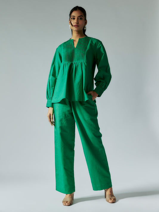 Green Cotton Linen Co-ord Set with Pintuck Detailed Yoke