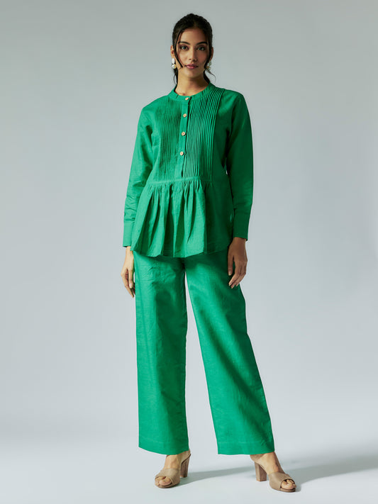 Green Cotton Linen Pleated  Co-ord Set