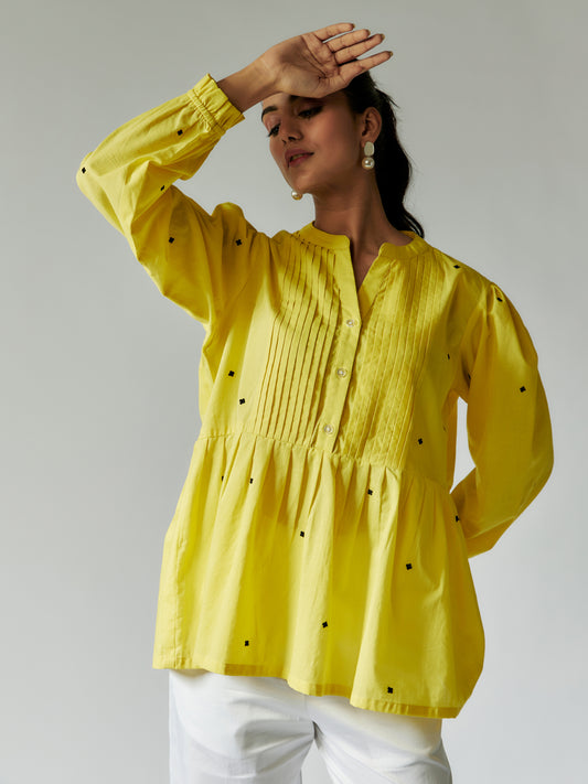 Lime Yellow Cotton Mul Shirt with Machine Embroidery