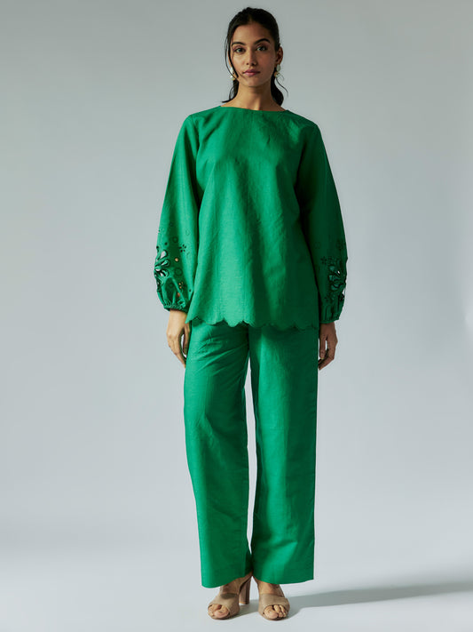 Green Cotton Linen Co-ord Set with Cut-Work