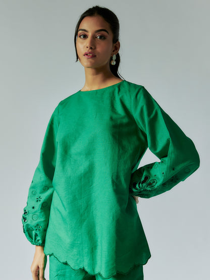 Green Cotton Linen Shirt with Cut-Work