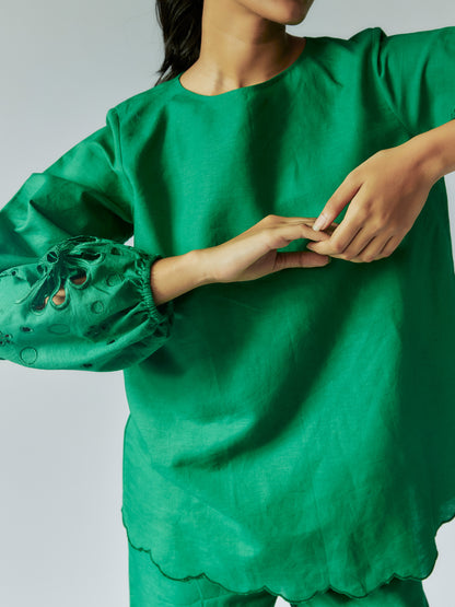 Green Cotton Linen Shirt with Cut-Work