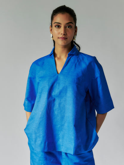 Blue Cotton Linen V Neck Shirt