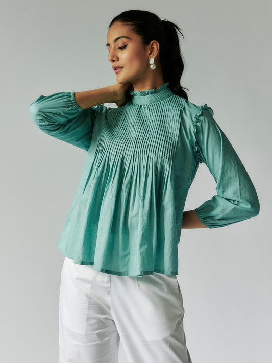 Wasabi Green Cotton Mul Shirt With Pintuck Detail