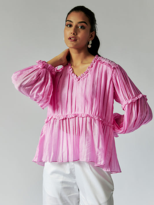 Ruched Pink Cotton Silk Top