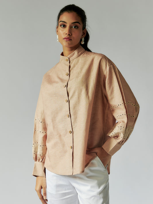 Beige Cotton Linen Embroiderd Shirt