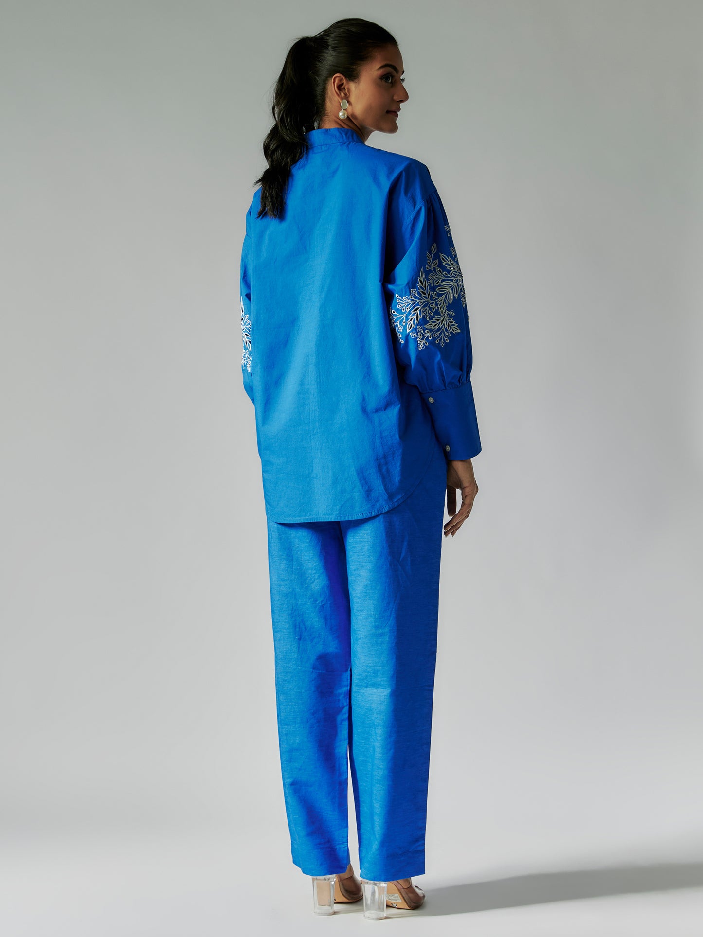 Blue Cotton Linen Embroidered Co-ord Set