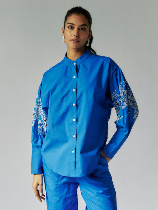 Blue Cotton Linen Embroidered Shirt