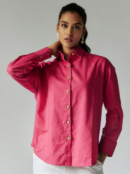 Pink Cotton Linen Cut-work Embroidered Shirt