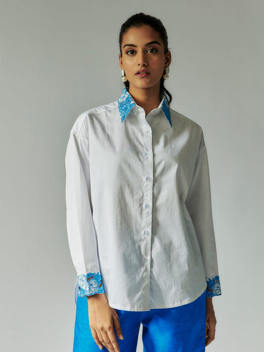 White Cotton Linen Shirt with Cut-Work Embroidery