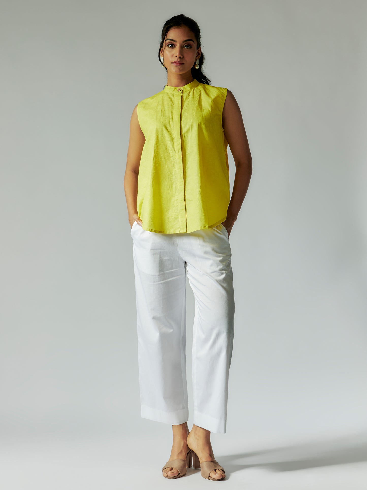 Lime Yellow and White Cotton Mul Co-ord Set with Embroidery