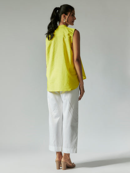 Lime Yellow and White Cotton Mul Co-ord Set with Embroidery