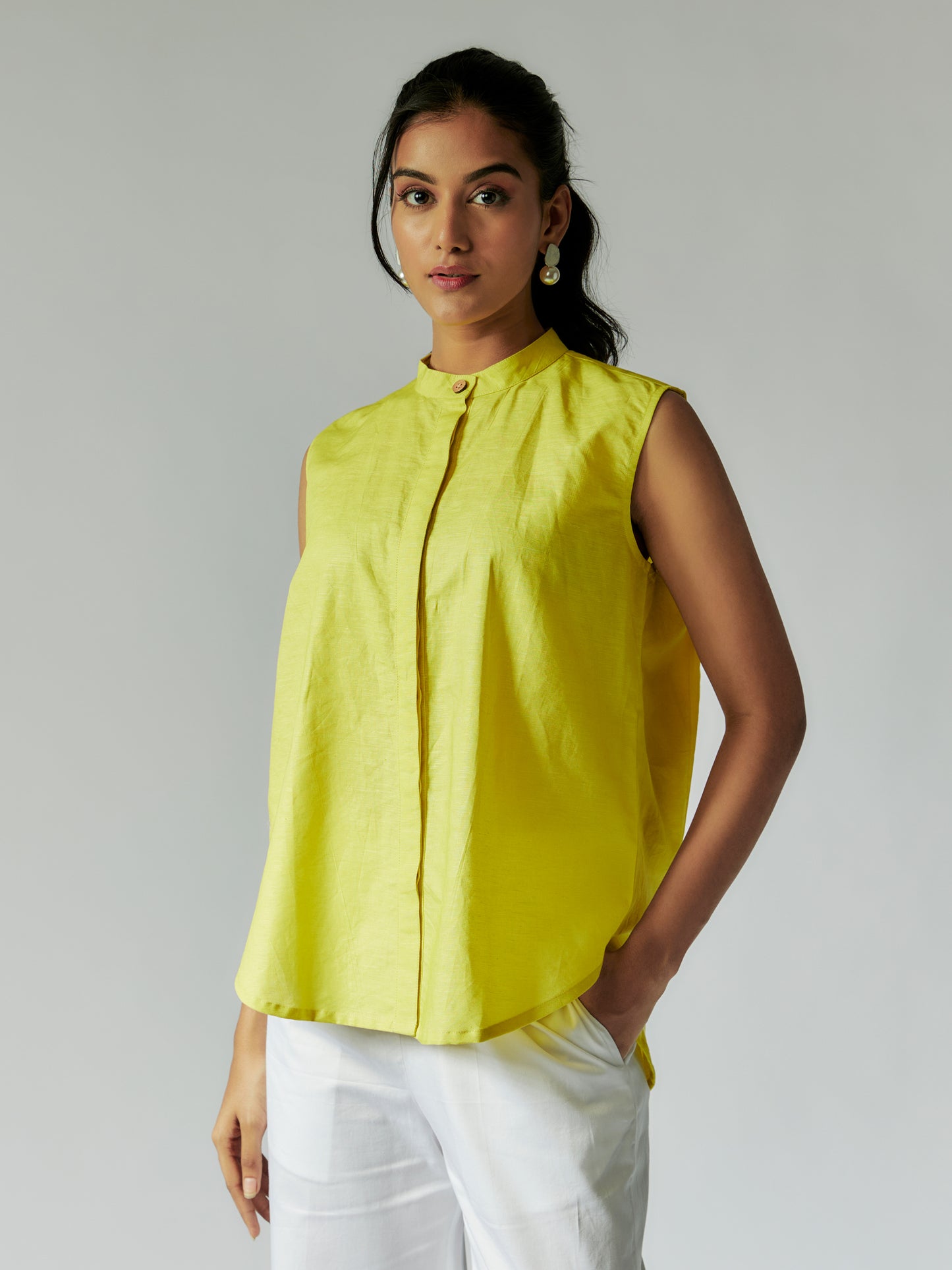 Lime Yellow and White Cotton Mul Co-ord Set with Embroidery