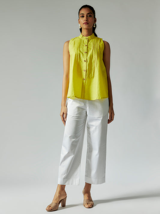 Lime Yellow Cotton Linen Shirt with Pintuck Details Co-ord Set