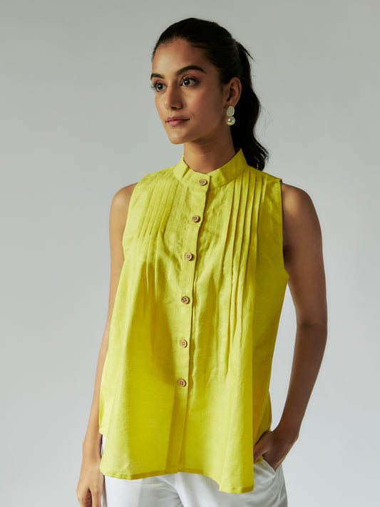 Lime Yellow Cotton Linen Shirt with Pintuck Details